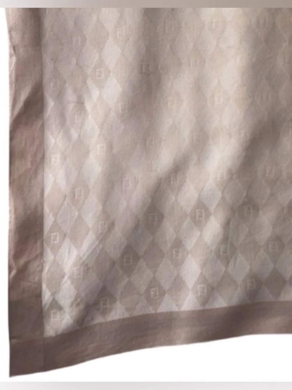 Vintage Fendi 18.5” Square Cotton Taupe & Ivory Scarf, Diamond Pattern Like New